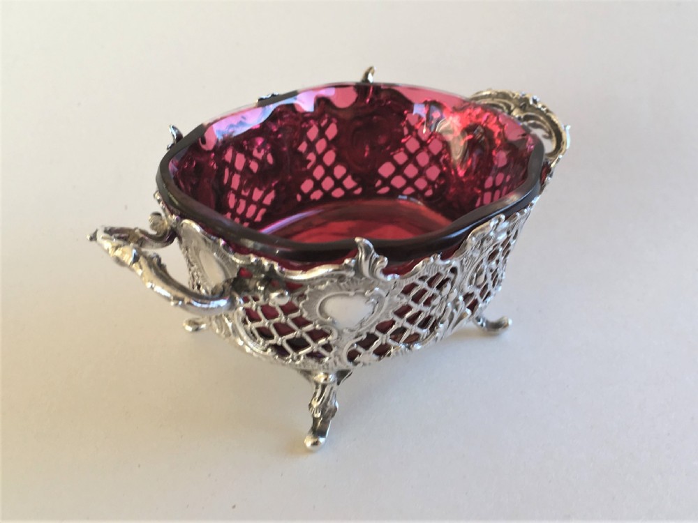 A superb Victorian small silver & cranberry dish
