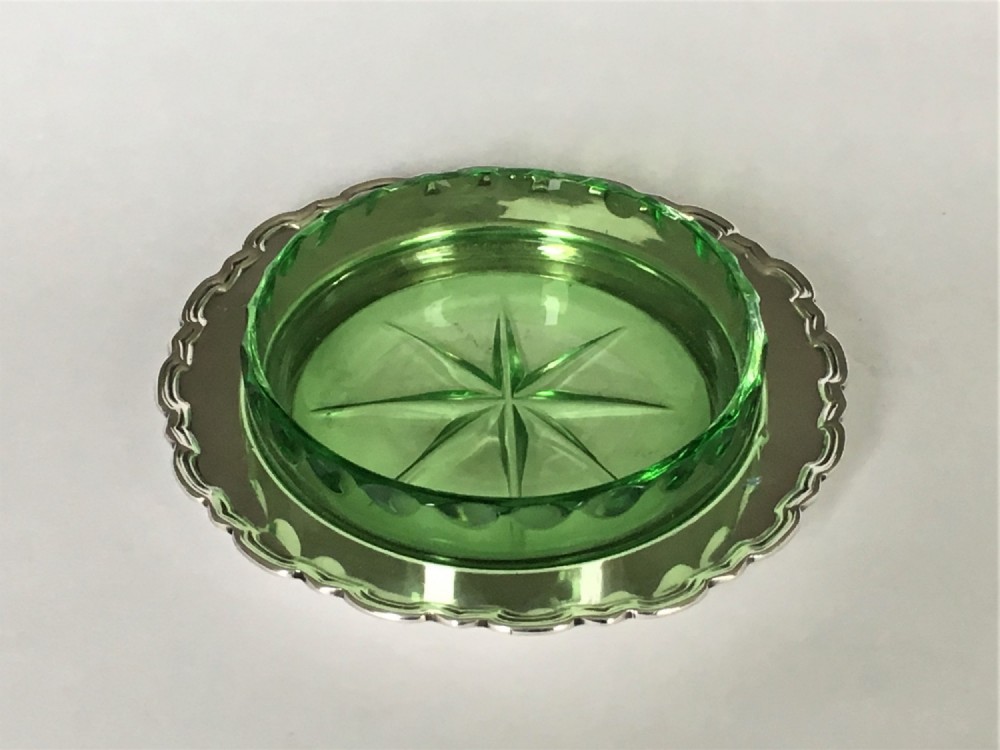 A charming silver & green glass small butter dish