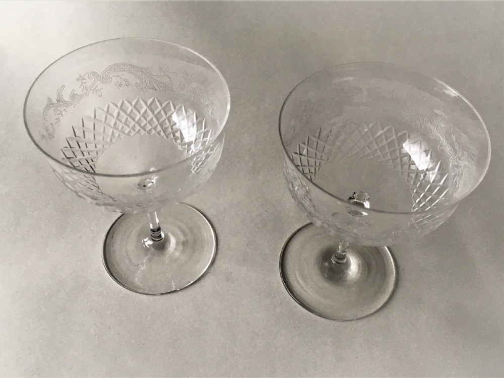 A charming pair of etched Edwardian champagne glasses View II