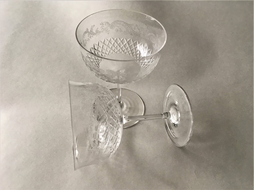 A charming pair of etched Edwardian champagne glasses View III