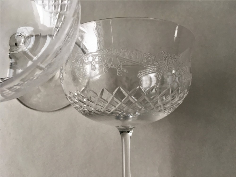 A charming pair of etched Edwardian champagne glasses View IV