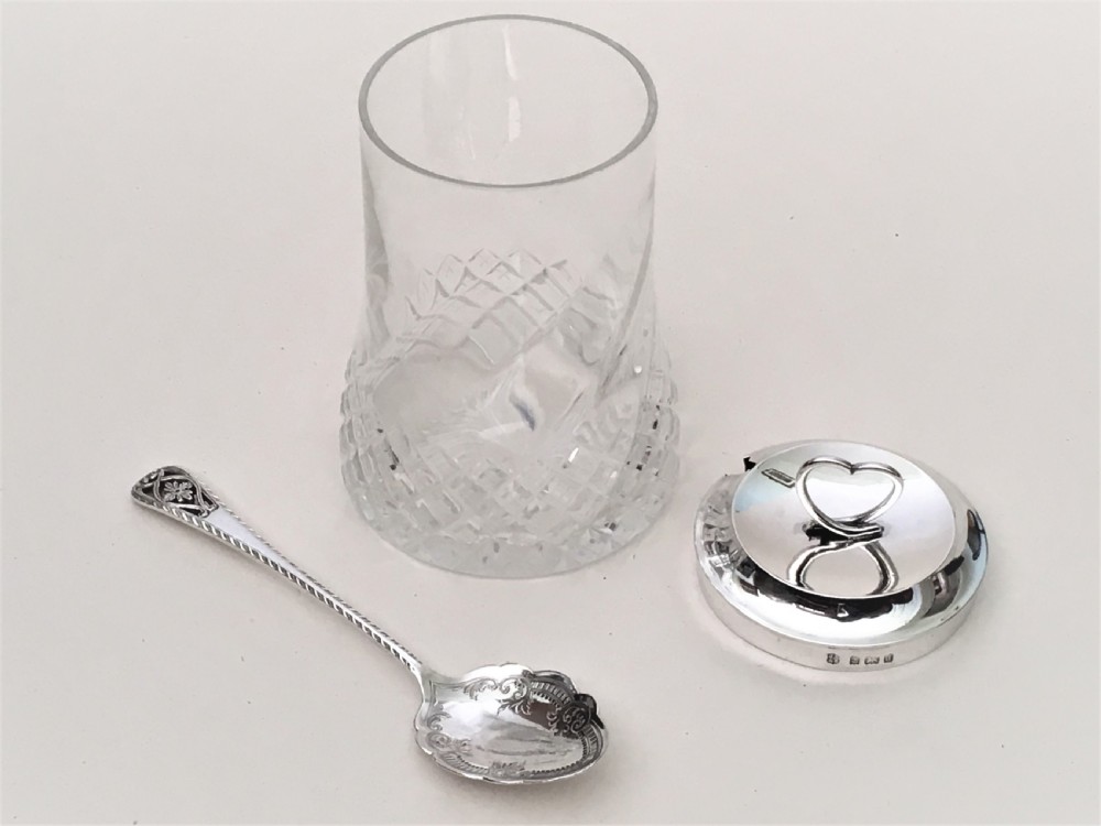 An Edwardian silver mounted 'heart' finial preserve jar & spoon View VII