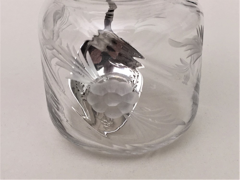 A delightful Edwardian silver mounted preserve jar and spoon View II