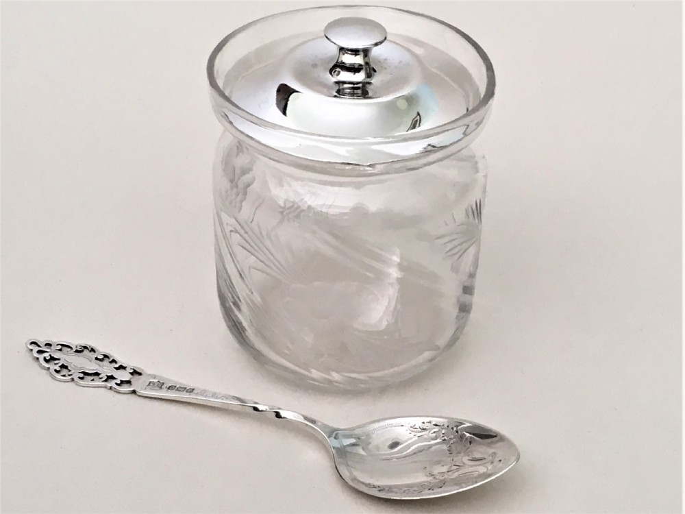 A delightful Edwardian silver mounted preserve jar and spoon View III