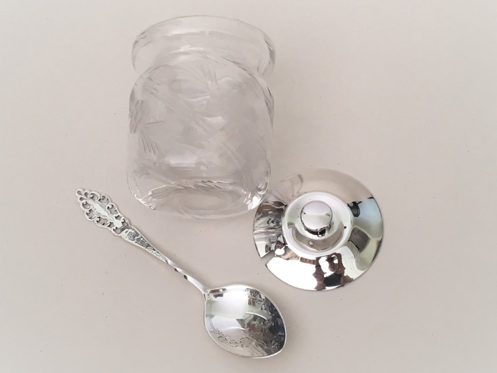 A delightful Edwardian silver mounted preserve jar and spoon View VII