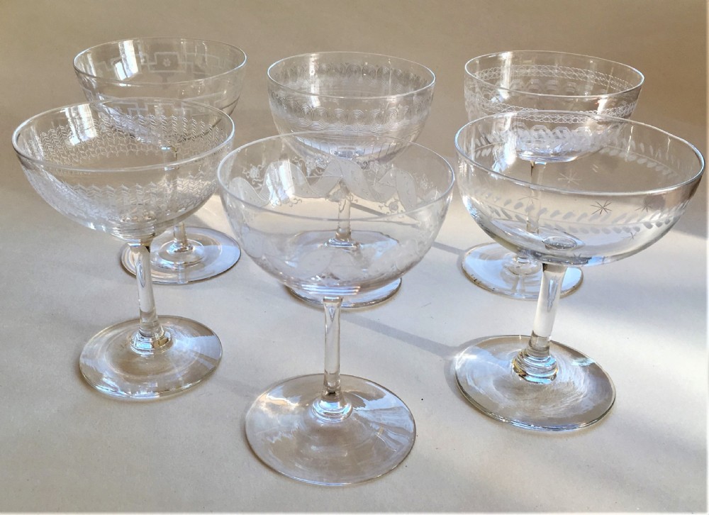 A harlequin set of 6 etched champagne bowls View II