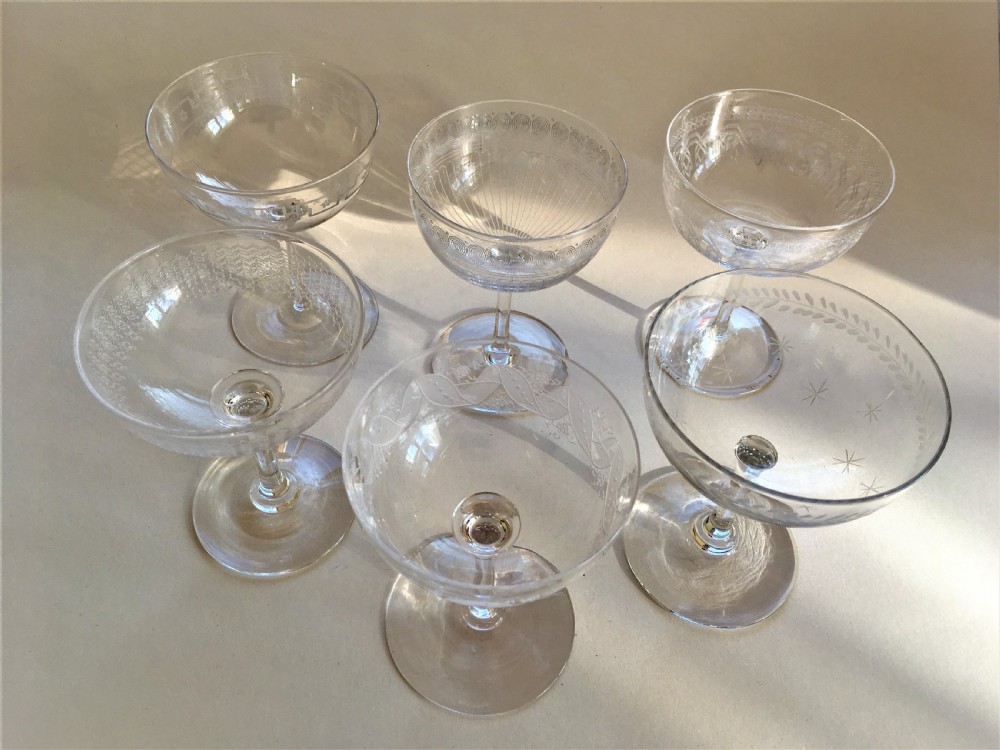 A harlequin set of 6 etched champagne bowls View III