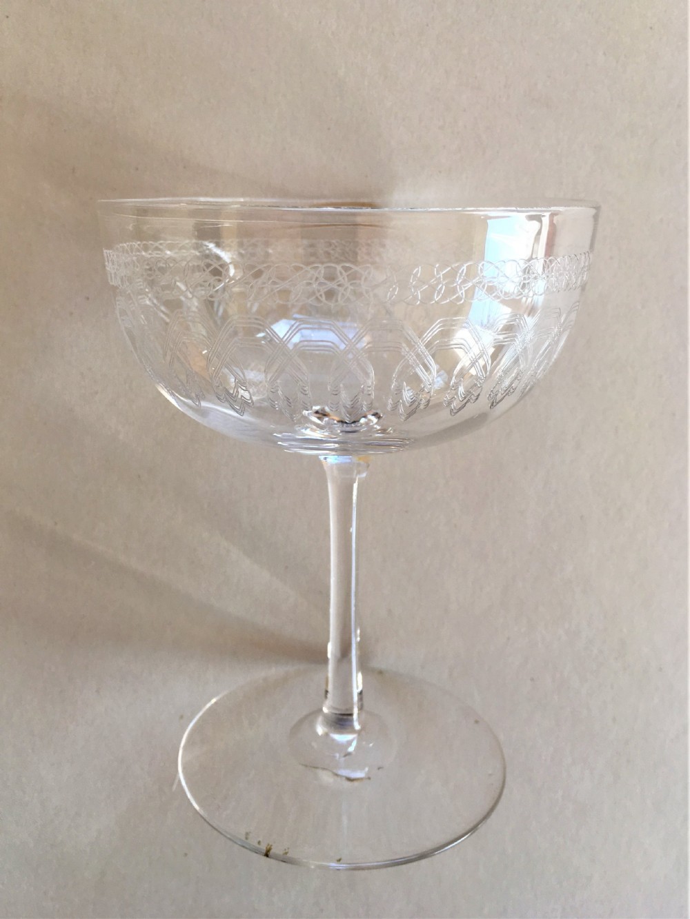 A harlequin set of 6 etched champagne bowls View VI