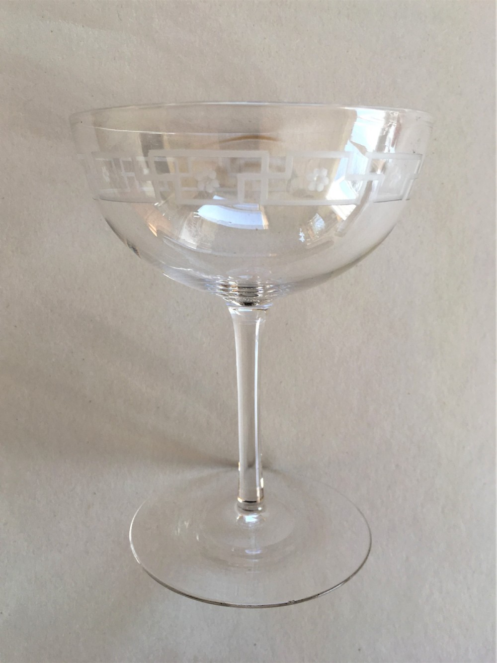 A harlequin set of 6 etched champagne bowls View IX