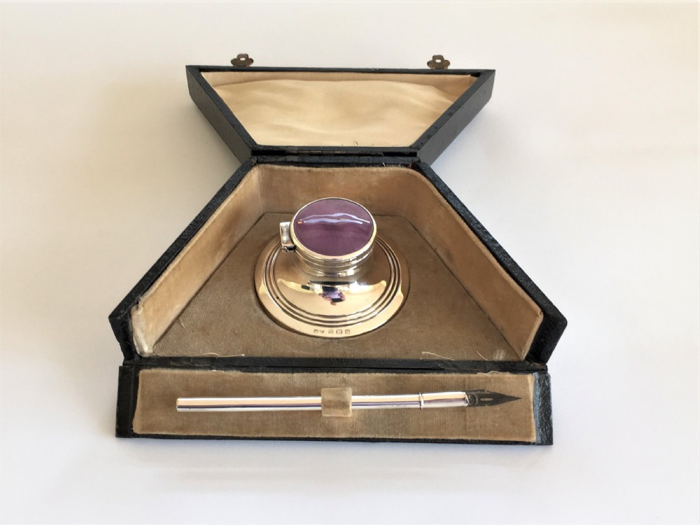 A fabulous boxed silver & enamel inkwell & pen