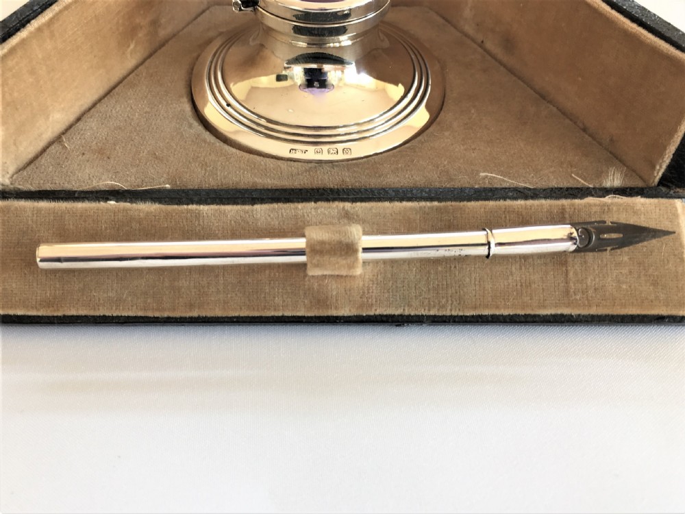 A fabulous boxed silver & enamel inkwell & pen View III