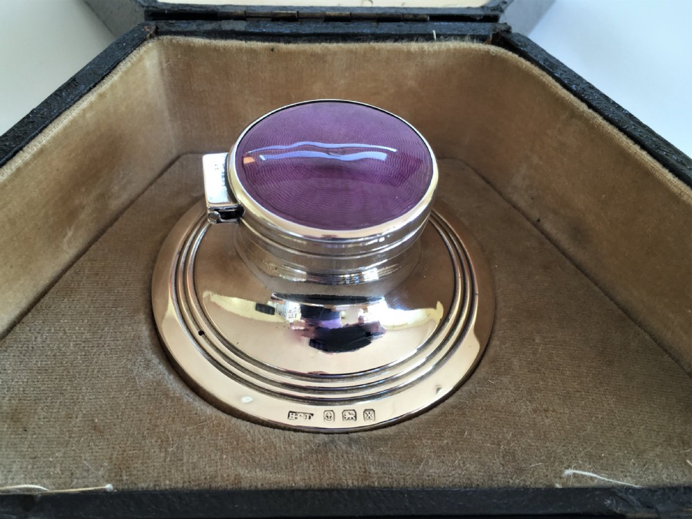 A fabulous boxed silver & enamel inkwell & pen View V