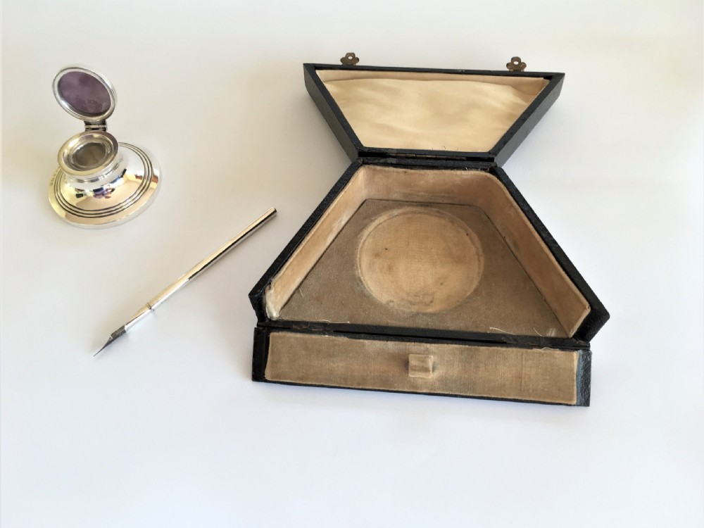 A fabulous boxed silver & enamel inkwell & pen View VIII