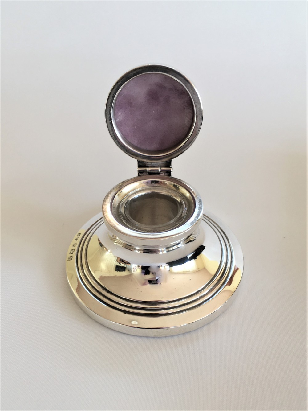 A fabulous boxed silver & enamel inkwell & pen View IX