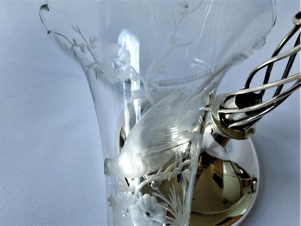 A fabulous William Comyns silver & bird engraved stem vase View V
