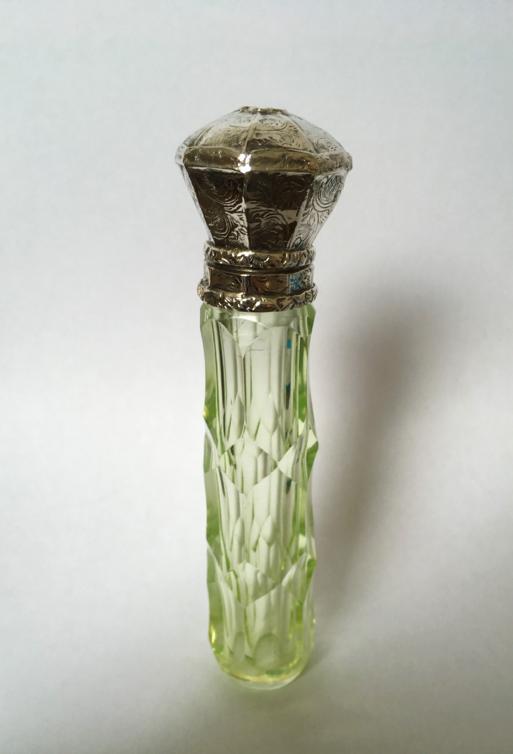 An unusual French silver & uranium glass scent bottle