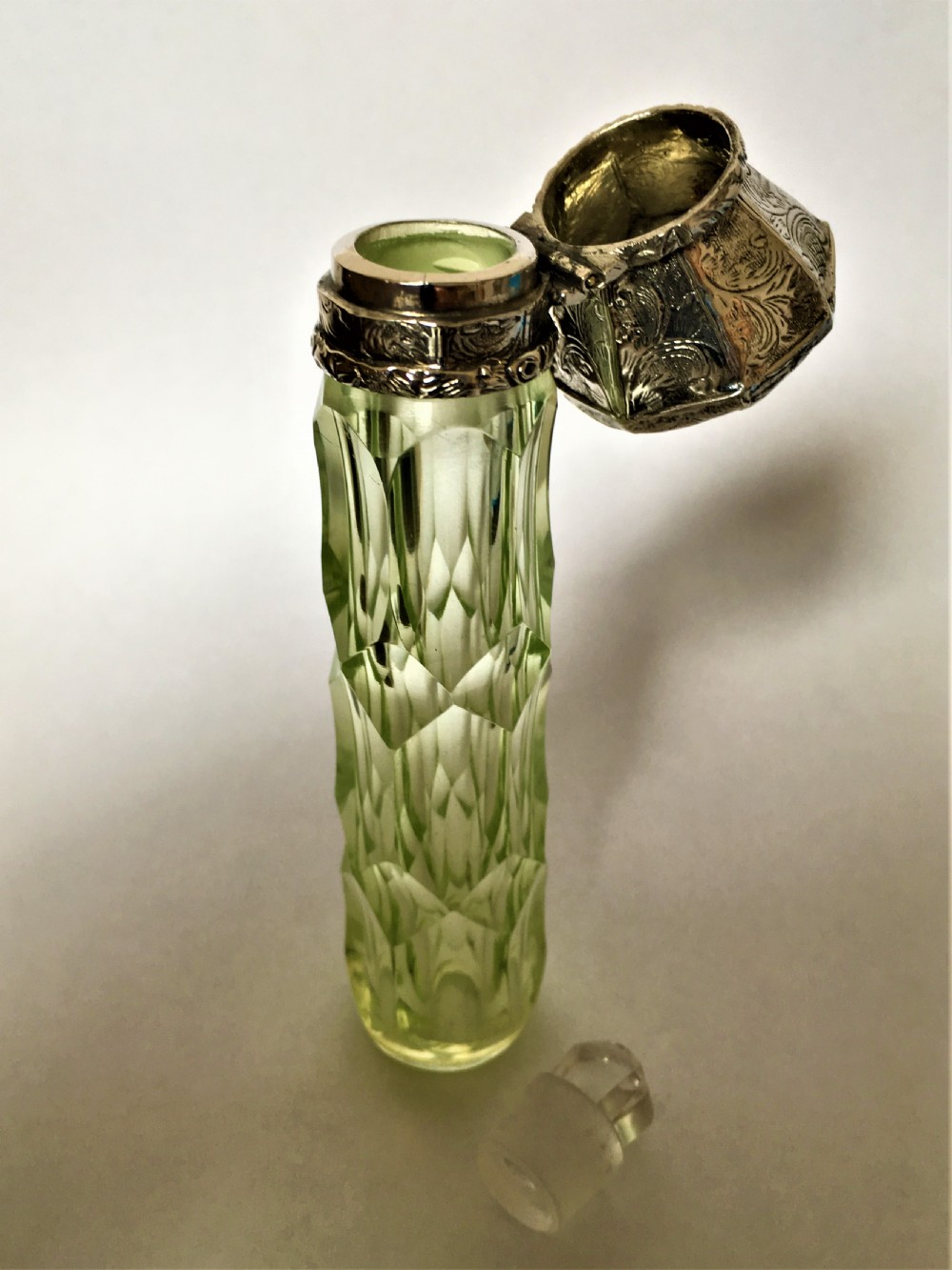An unusual French silver & uranium glass scent bottle View IV