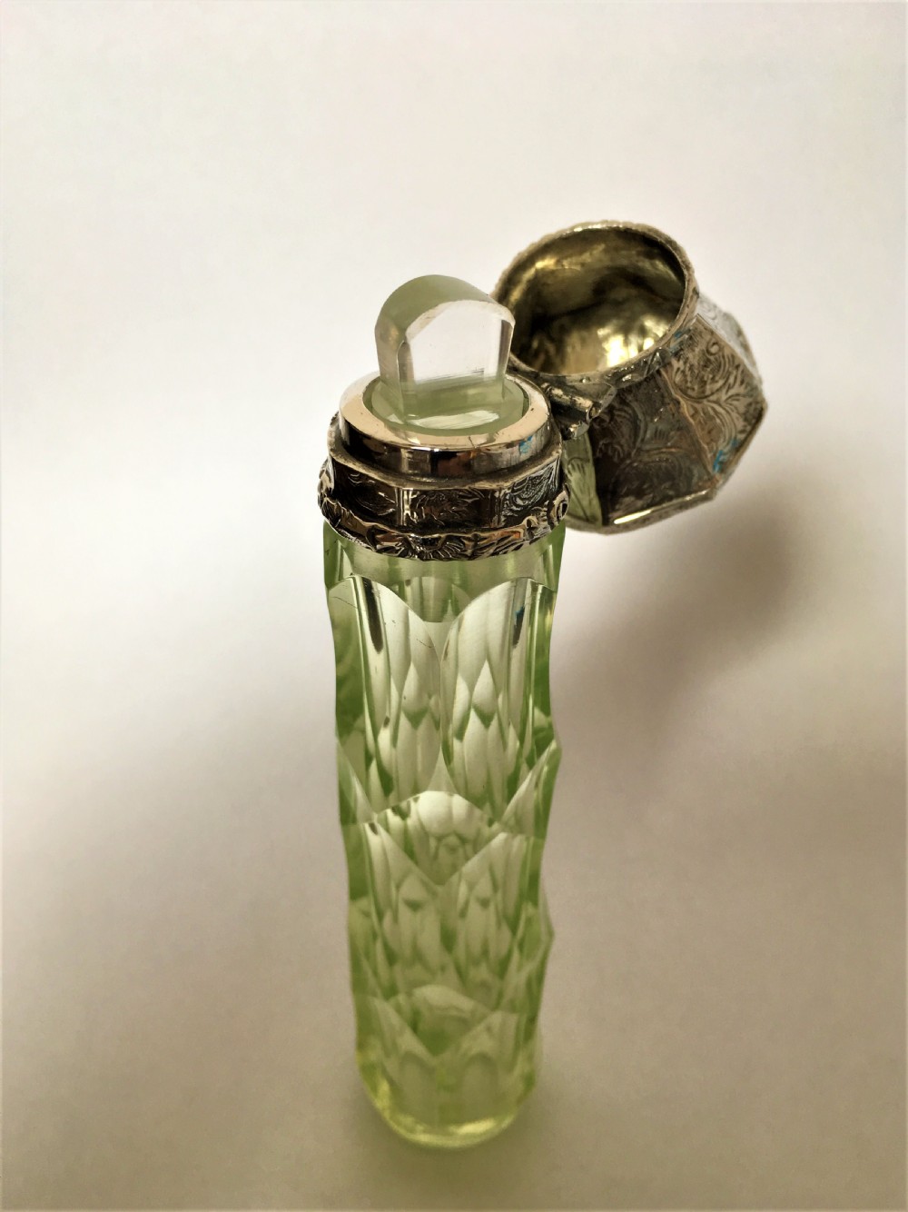 An unusual French silver & uranium glass scent bottle View VI