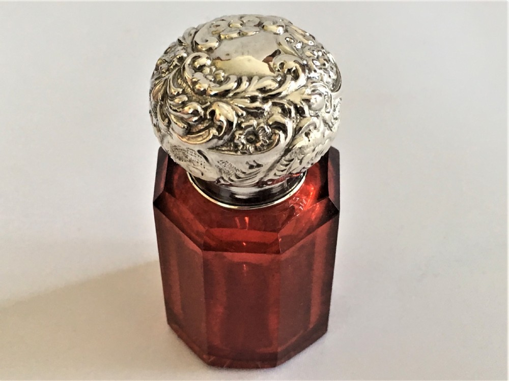 A lovely Edwardian silver & Cranberry large scent bottle View II