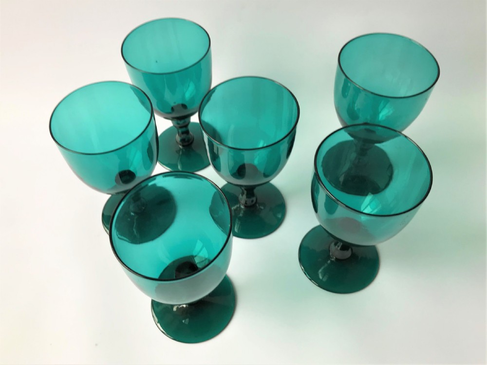 A fine set of Victorian Bristol Green/aqua wine glasses View II