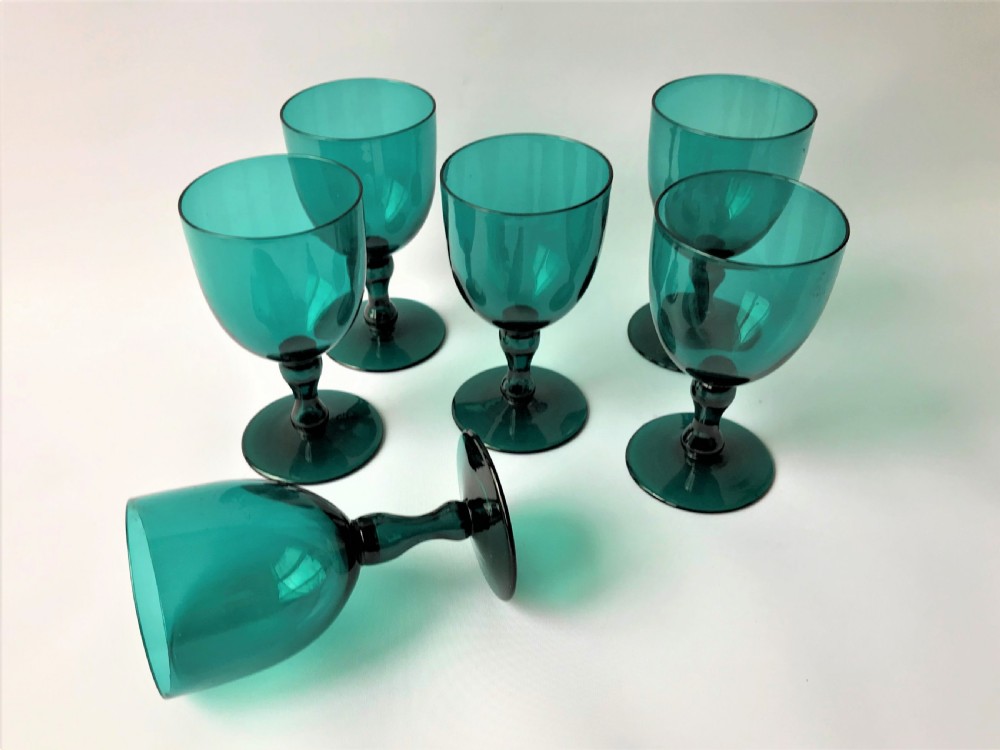 A fine set of Victorian Bristol Green/aqua wine glasses View IV