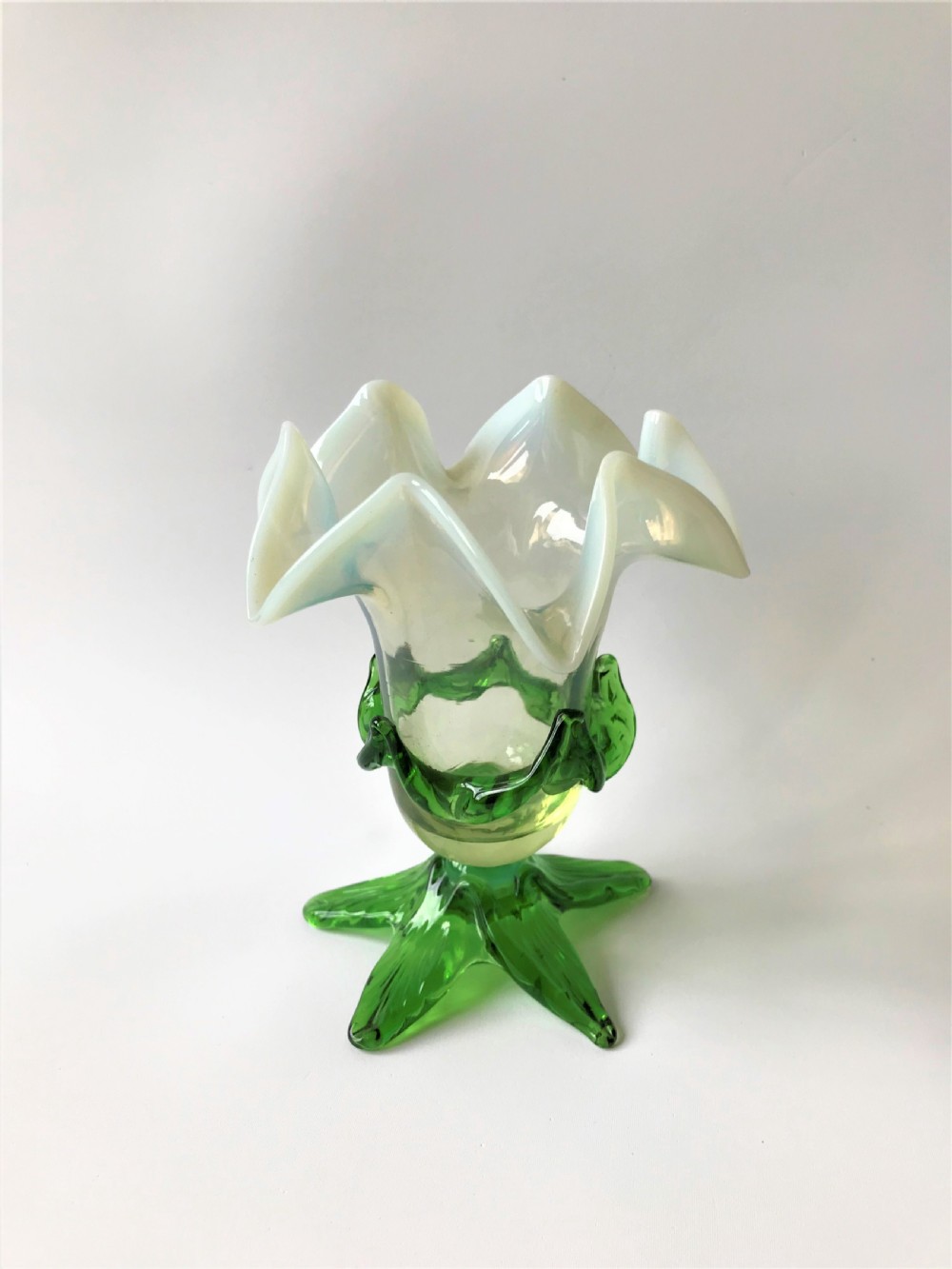A superb Art Nouveau Vaseline glass posy vase