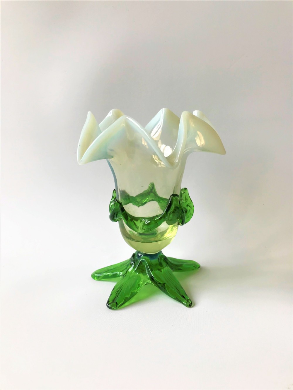 A superb Art Nouveau Vaseline glass posy vase View III
