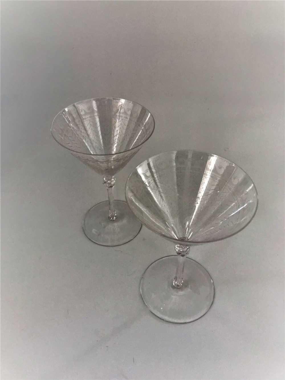 A gorgeous pair etched conical champagne glasses View II