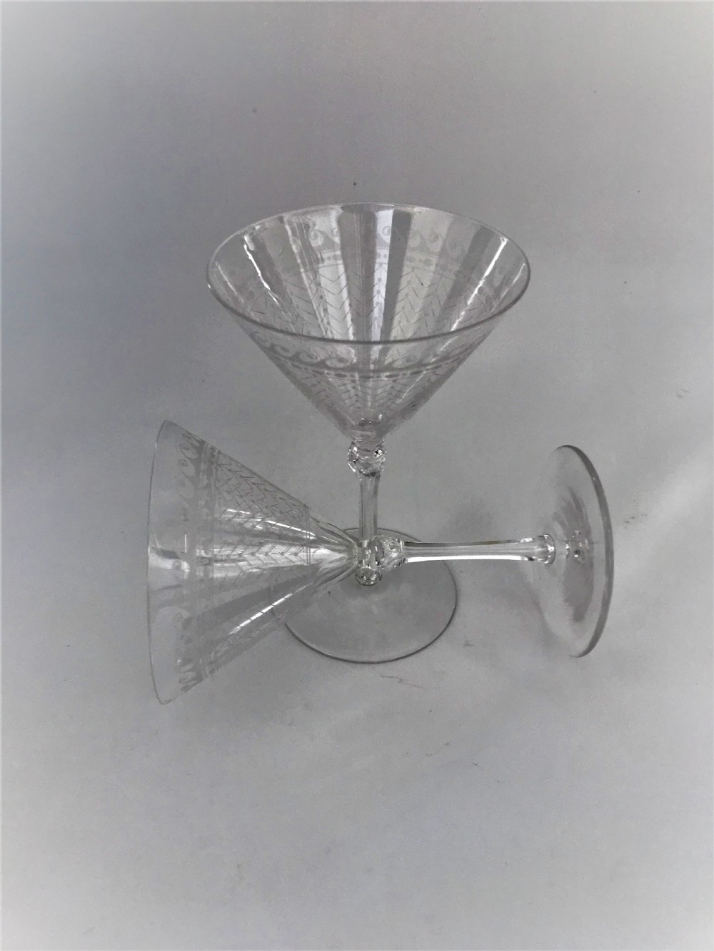 A gorgeous pair etched conical champagne glasses View V