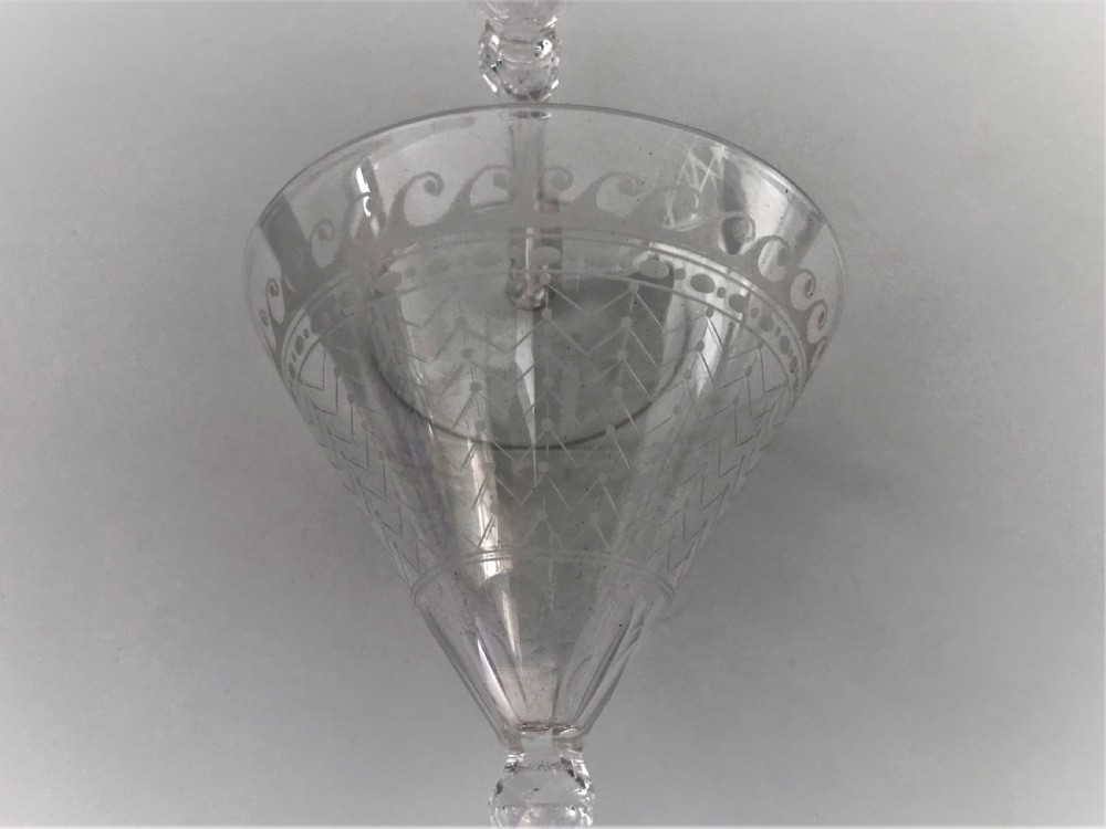 A gorgeous pair etched conical champagne glasses View VI