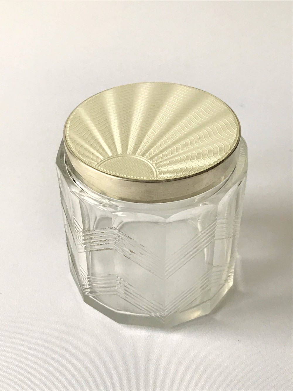 A fabulous Art Deco silver & guilloche enamel vanity jar