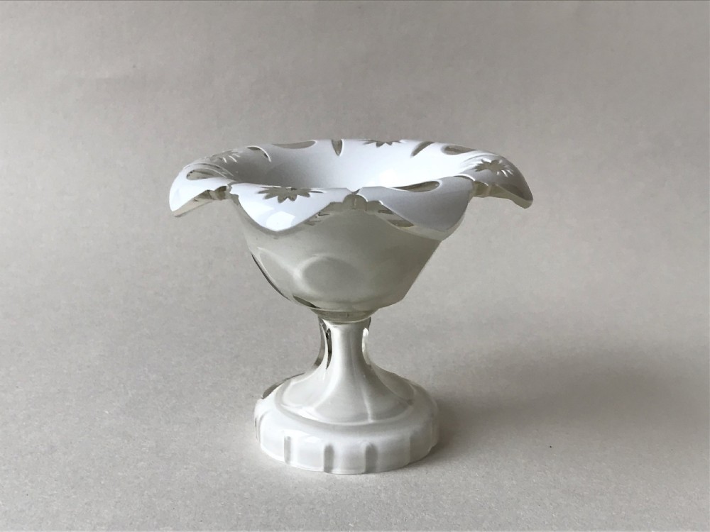 A Bohemian white overlay pedestal condiment dish View III