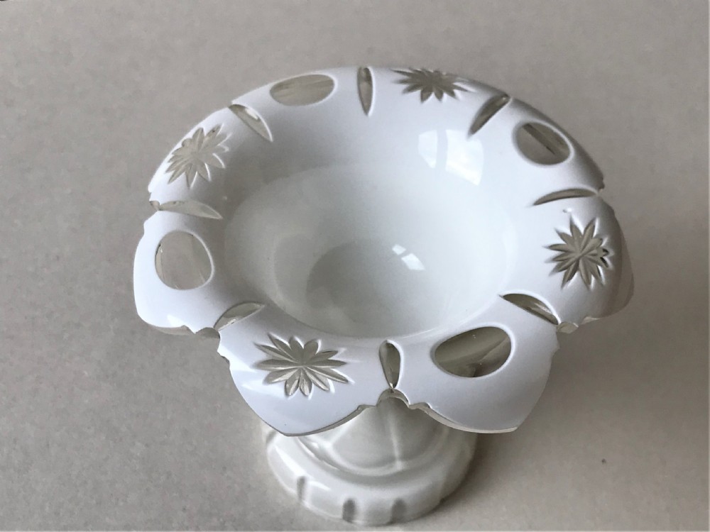 A Bohemian white overlay pedestal condiment dish View V