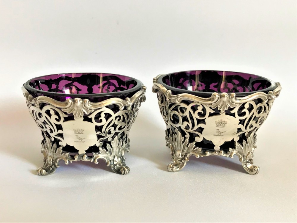 A magnificent pair of silver & amethyst glass condiment tubs View III
