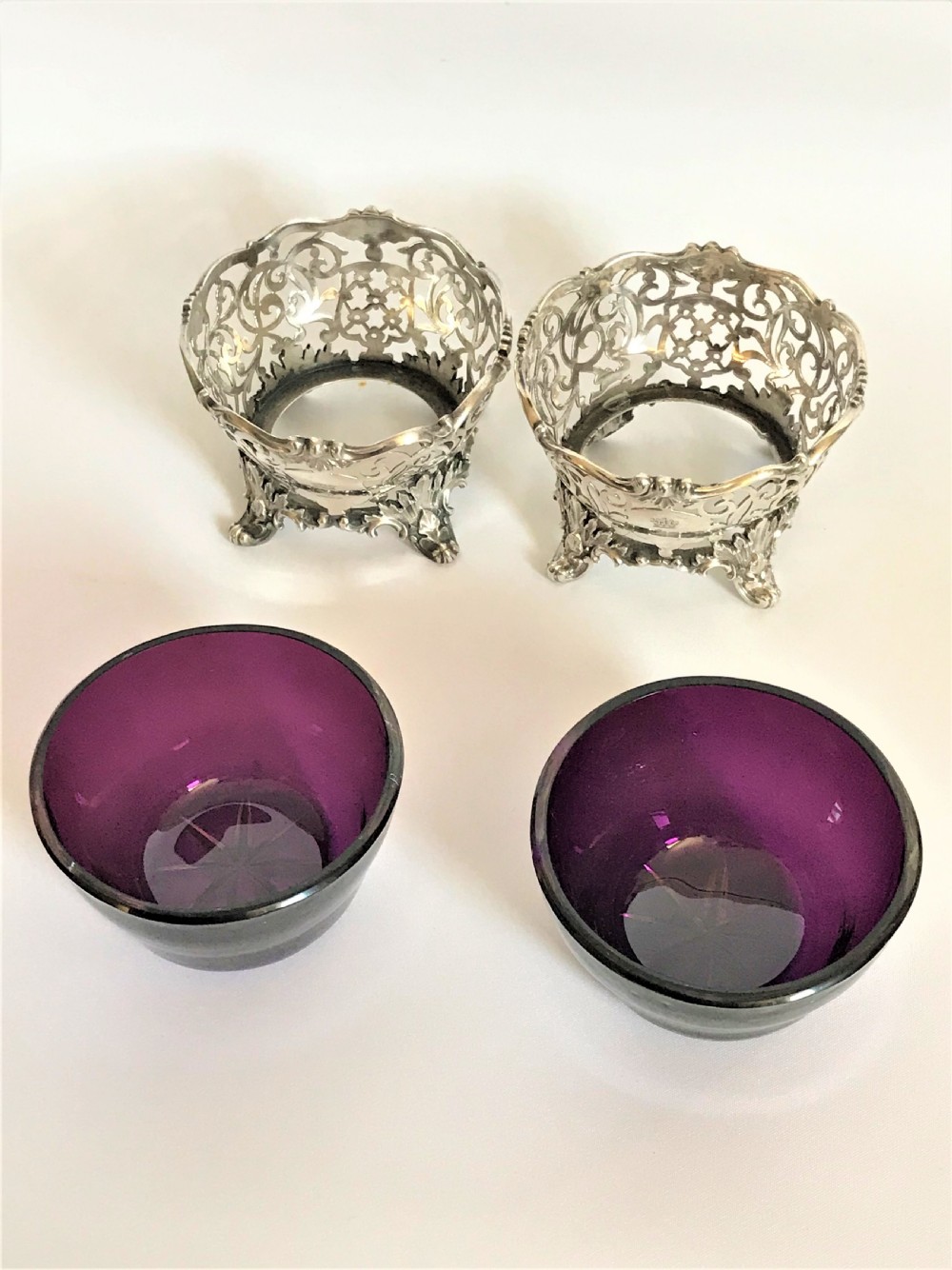 A magnificent pair of silver & amethyst glass condiment tubs View VI