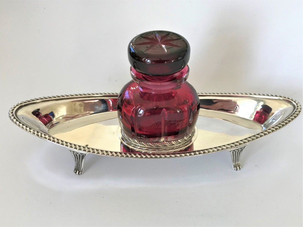 A fabulous Victorian silver & cranberry ink stand