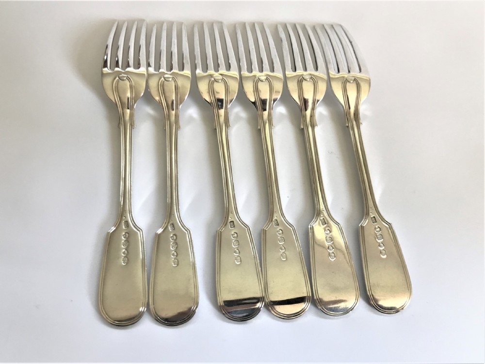 A substantial set of 6 Victorian silver fiddle & thread table forks View IV