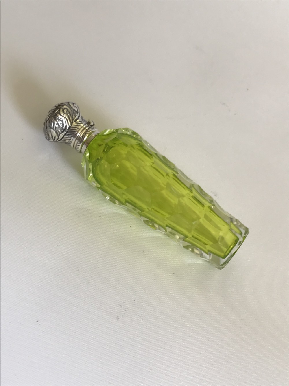 A gorgeous acid green Victorian silver mounted scent bottle View II