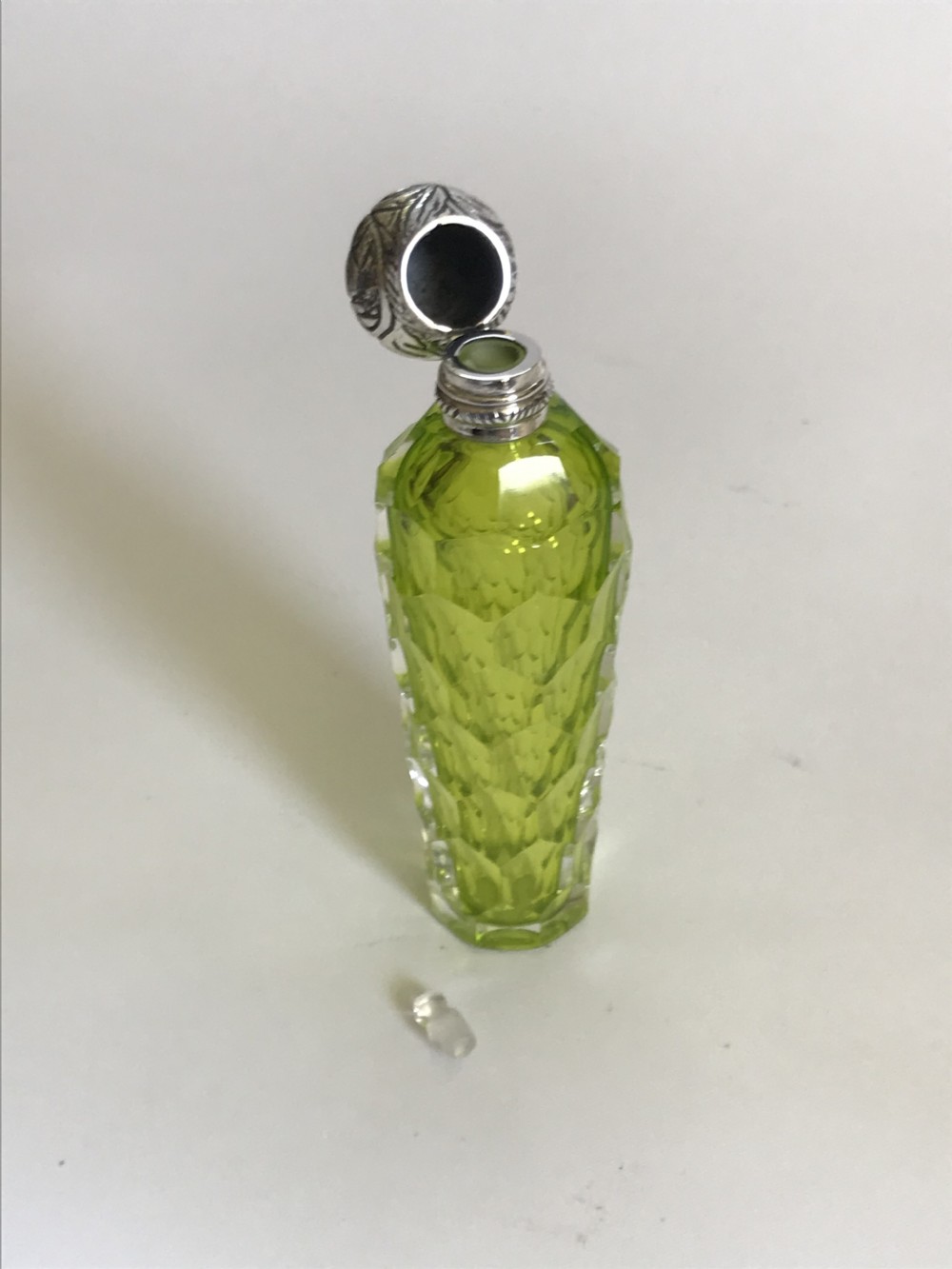 A gorgeous acid green Victorian silver mounted scent bottle View IV