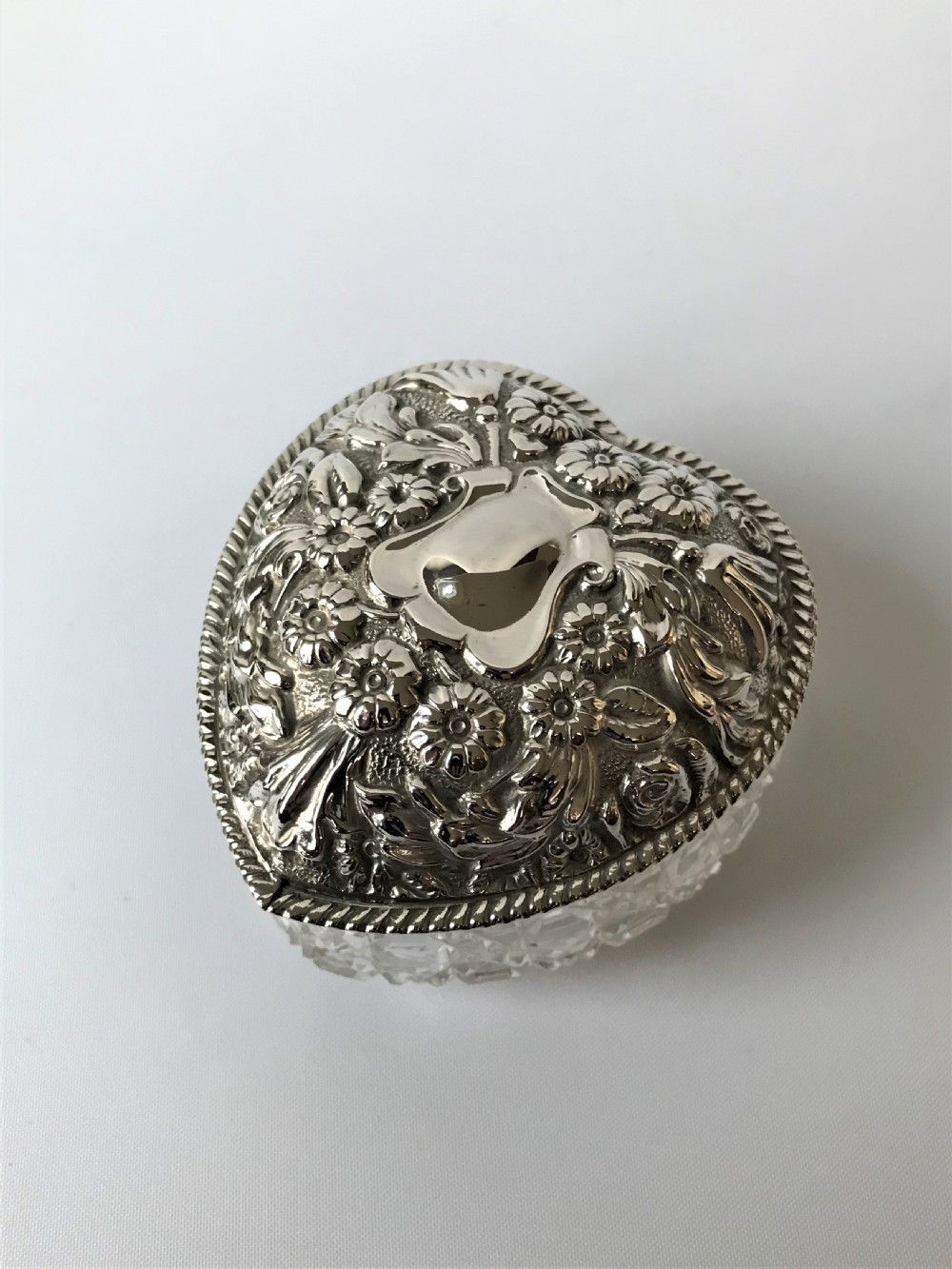 A Victorian Chester Silver & Glass Heart Trinket Pot View II