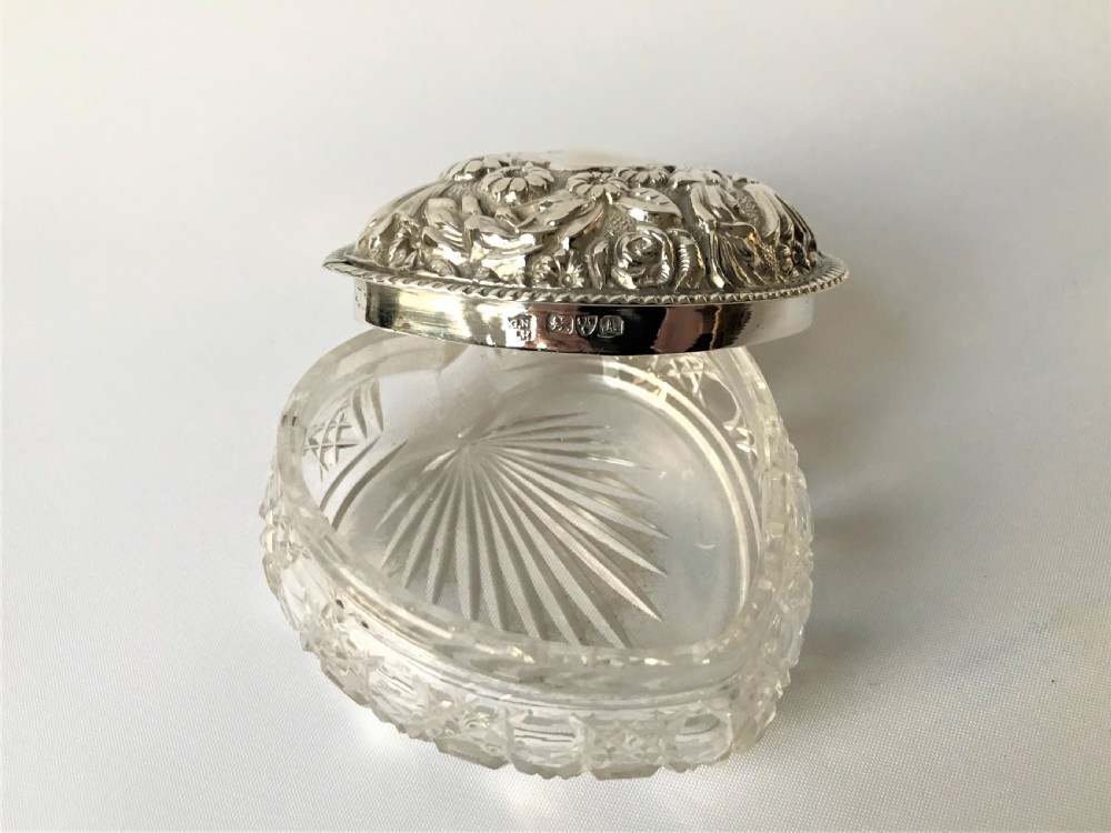 A Victorian Chester Silver & Glass Heart Trinket Pot View VII