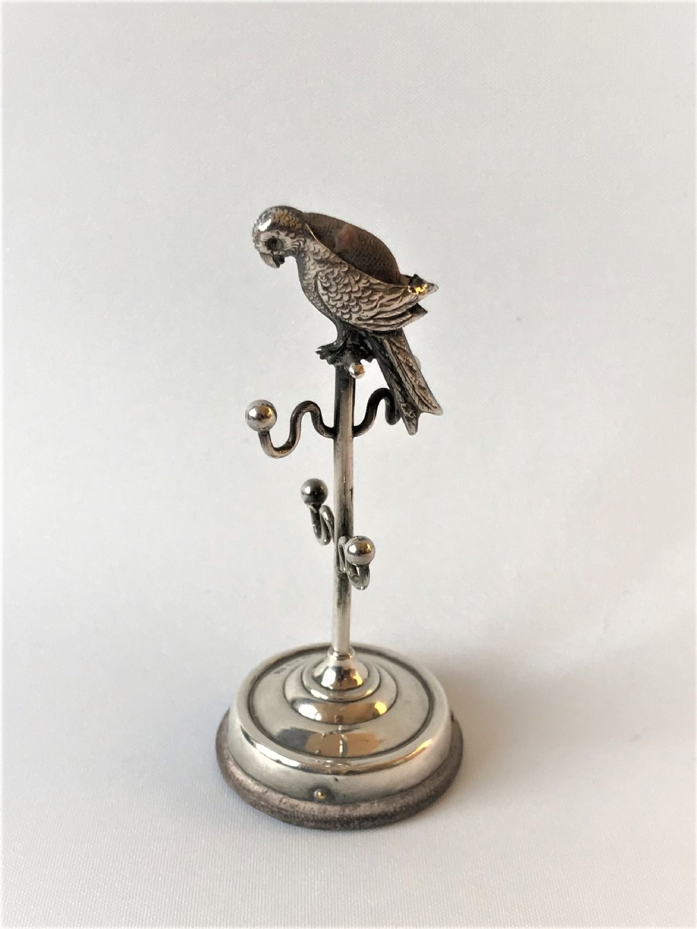 An Extremely Rare Silver Parrot Pin Cushion/ring Tree