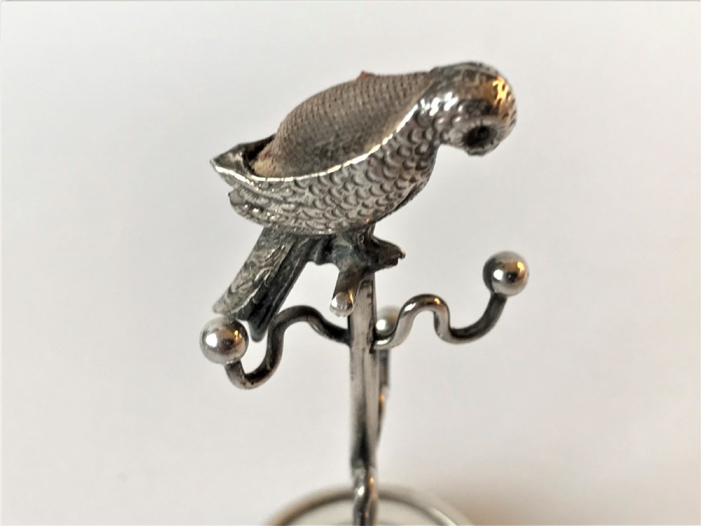 An Extremely Rare Silver Parrot Pin Cushion/ring Tree View VI