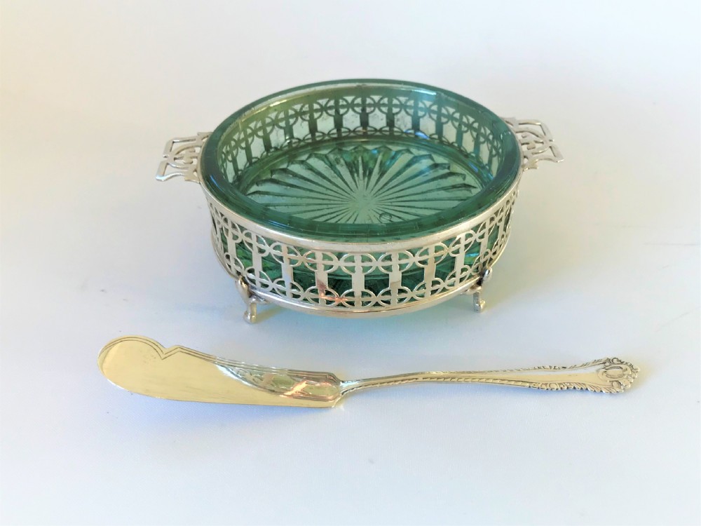 A gorgeous silver butter dish and knife View II