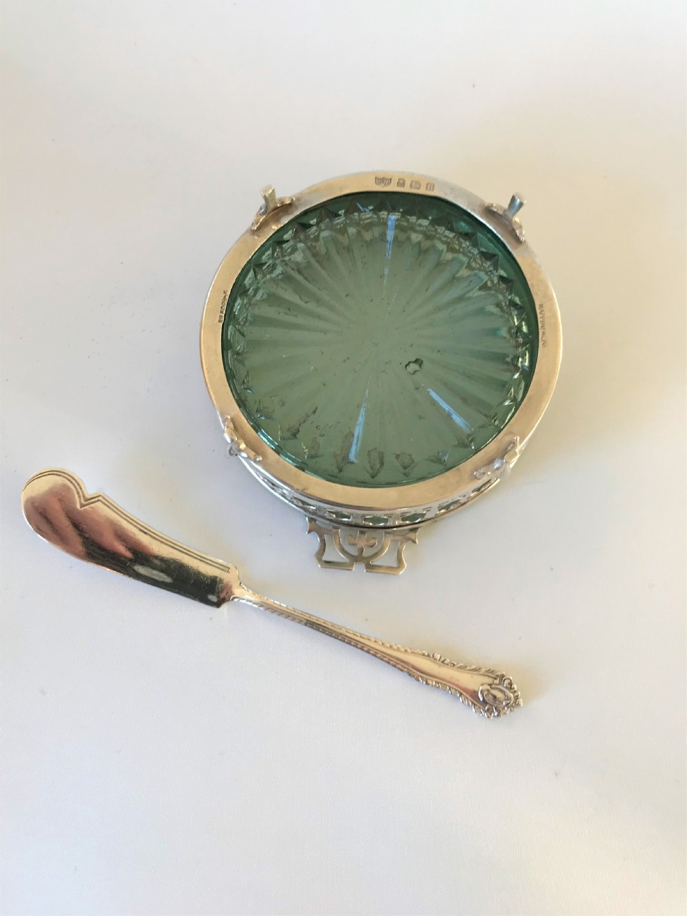 A gorgeous silver butter dish and knife View V