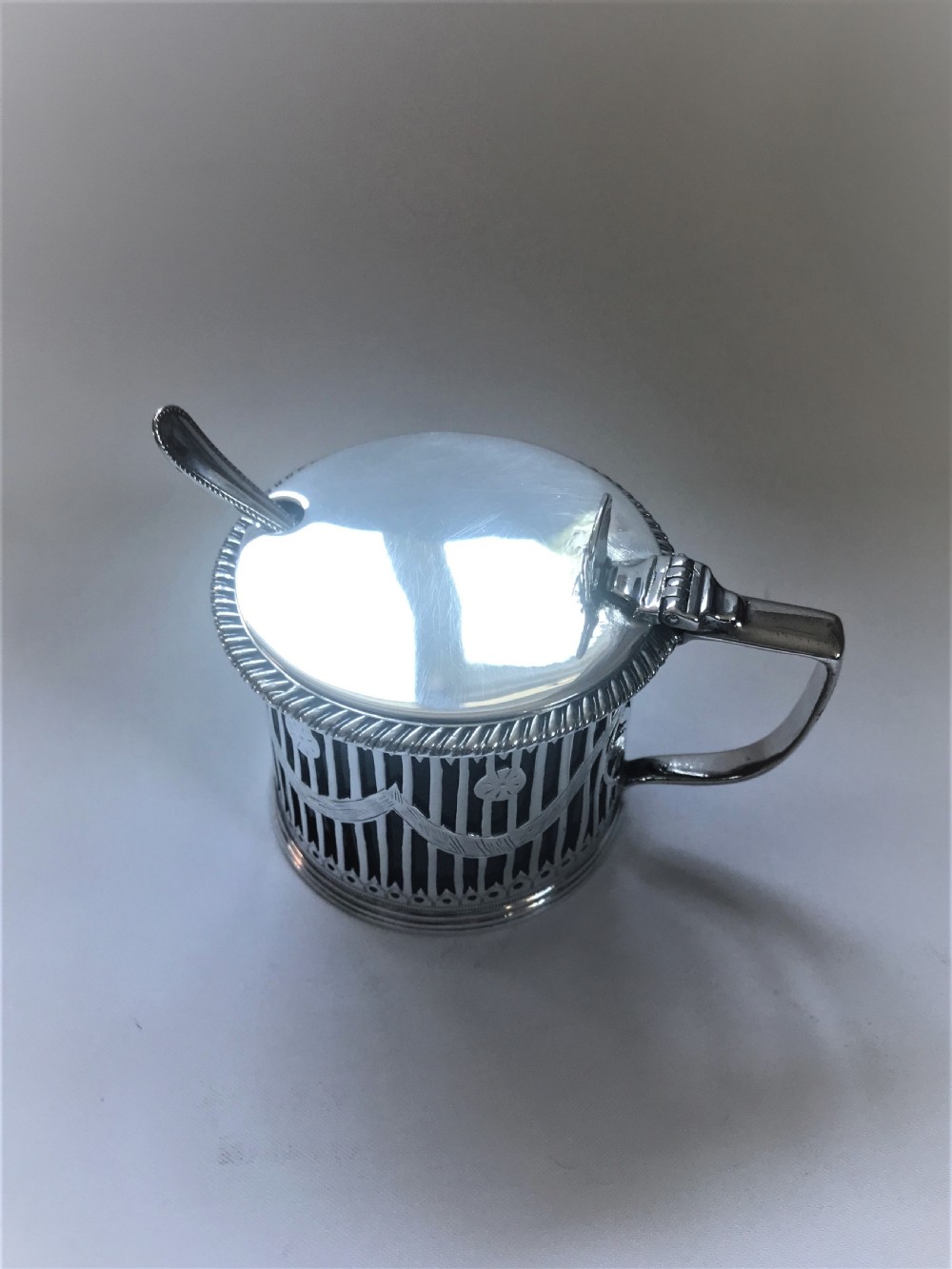 A superb Victorian silver drum mustard & spoon View II