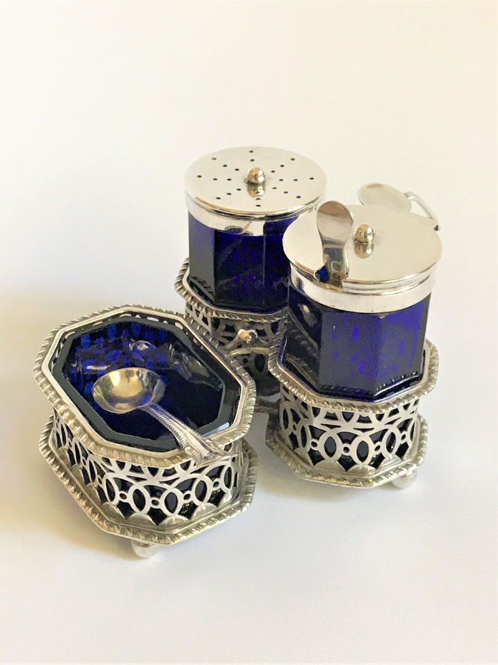 A superb Victorian silver & glass three piece cruet with spoons View IV