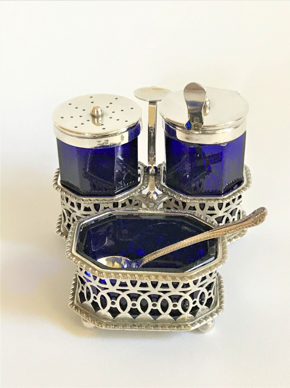 A superb Victorian silver & glass three piece cruet with spoons View VII