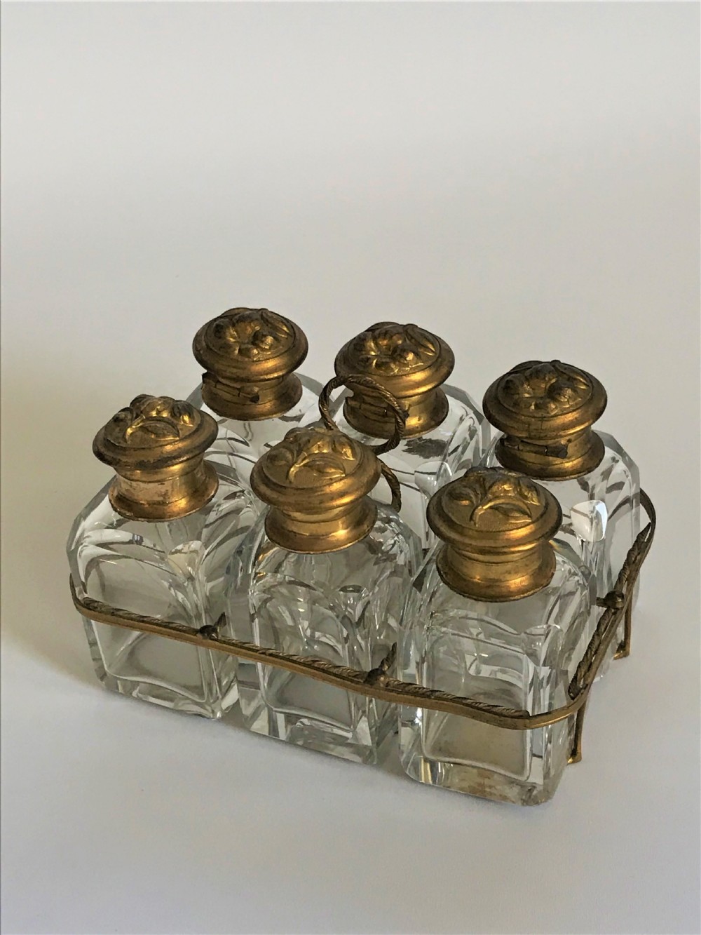 A gorgeous French ormolu and cut glass cologne/toilet water stand