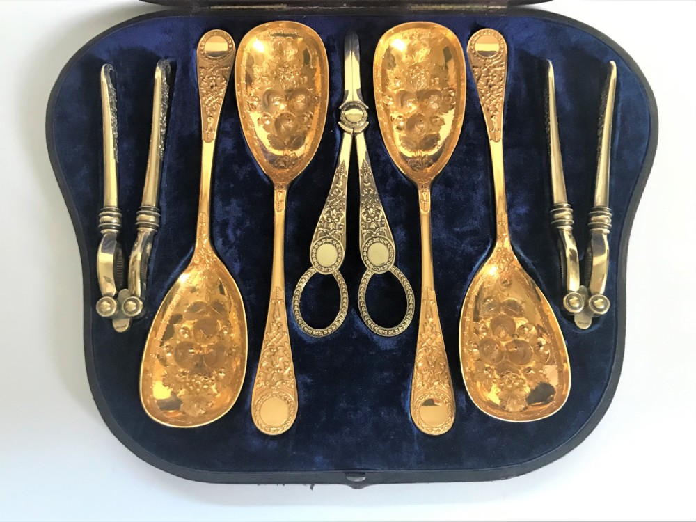 A fabulous boxed Victorian gilded silver plate dessert set View II